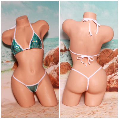 Holographic Aqua Green Glitter Effect w Your Choice Trim Color 2 Piece Micro String Bikini Set One Size-8