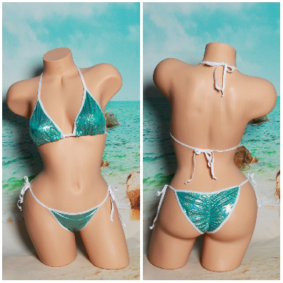 Holographic Aqua Green Glitter Effect w Your Choice Trim Color 2 Piece Micro String Bikini Set One Size-10