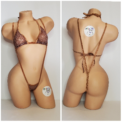 Tan and Brown Mesh ***SEMI SHEER* Snake Skin Pattern with Tan Trim 2 Piece Micro Bikini Set-1