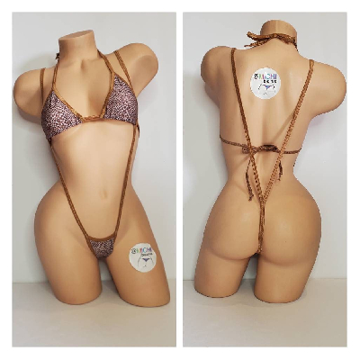 Tan and Brown Mesh ***SEMI SHEER* Snake Skin Pattern with Tan Trim 2 Piece Micro Bikini Set-2