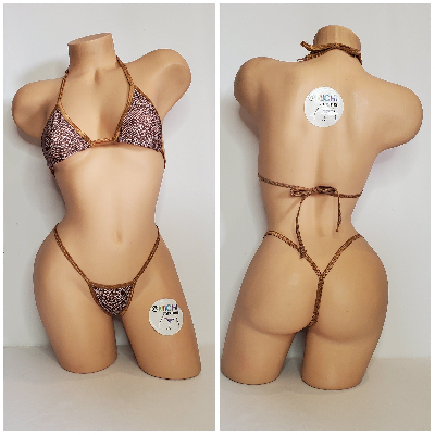 Tan and Brown Mesh ***SEMI SHEER* Snake Skin Pattern with Tan Trim 2 Piece Micro Bikini Set-3