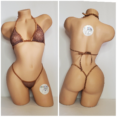 Tan and Brown Mesh ***SEMI SHEER* Snake Skin Pattern with Tan Trim 2 Piece Micro Bikini Set-5
