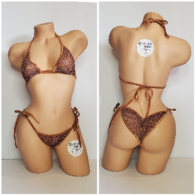 Tan and Brown Mesh ***SEMI SHEER* Snake Skin Pattern with Tan Trim 2 Piece Micro Bikini Set-6