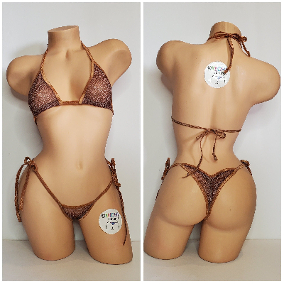 Tan and Brown Mesh ***SEMI SHEER* Snake Skin Pattern with Tan Trim 2 Piece Micro Bikini Set-7