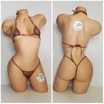 Tan and Brown Mesh ***SEMI SHEER* Snake Skin Pattern with Tan Trim 2 Piece Micro Bikini Set-8