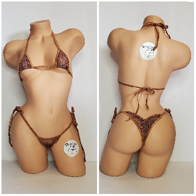 Tan and Brown Mesh ***SEMI SHEER* Snake Skin Pattern with Tan Trim 2 Piece Micro Bikini Set-9