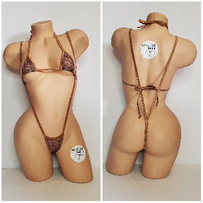 Tan and Brown Mesh ***SEMI SHEER* Snake Skin Pattern with Tan Trim 2 Piece Micro Bikini Set-10