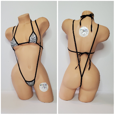 Geometric Pattern Iridescent Silver w/ Black Trim 2 Piece Micro String Bikini Set One Size