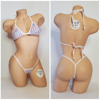 Red White and Blue Vertical Striped with White Trim 2 Piece Micro String Bikini Set One Size-2