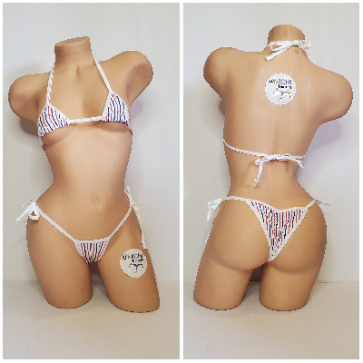 Red White and Blue Vertical Striped with White Trim 2 Piece Micro String Bikini Set One Size-3