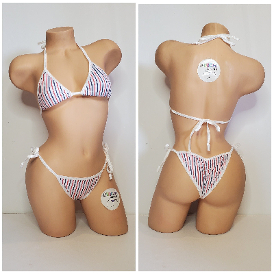 Red White and Blue Vertical Striped with White Trim 2 Piece Micro String Bikini Set One Size-5