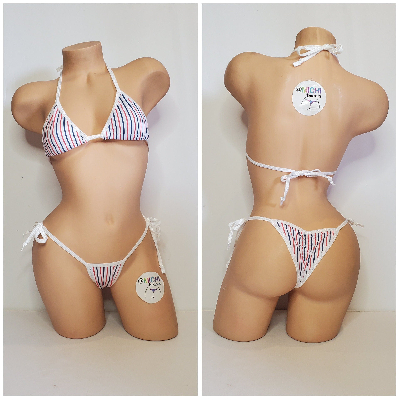Red White and Blue Vertical Striped with White Trim 2 Piece Micro String Bikini Set One Size-6