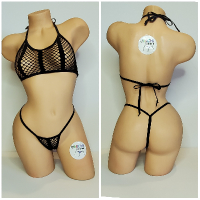 Black Medium Hole Fishnet with Vertical Black Stripes *VERY SHEER* w/ Black Trim 2 Piece Micro Bikini Set-1