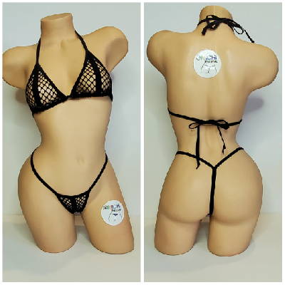 Black Medium Hole Fishnet with Vertical Black Stripes *VERY SHEER* w/ Black Trim 2 Piece Micro Bikini Set-2