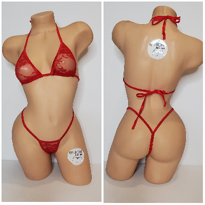 Red Lace *Semi Sheer* with Red Trim 2pc Micro Bikini Set One Size-0