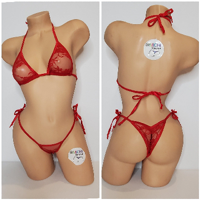 Red Lace *Semi Sheer* with Red Trim 2pc Micro Bikini Set One Size-1