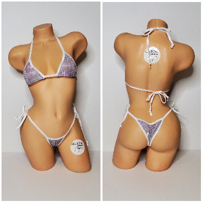 Glittery Silver with White Trim 2 Piece Micro String Bikini Set One Size-1