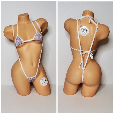 Glittery Silver with White Trim 2 Piece Micro String Bikini Set One Size-3