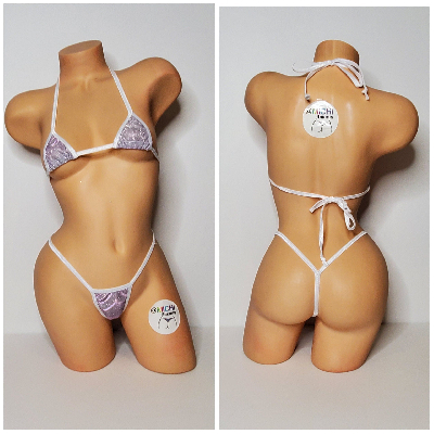 Glittery Silver with White Trim 2 Piece Micro String Bikini Set One Size-4