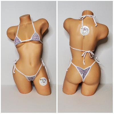 Glittery Silver with White Trim 2 Piece Micro String Bikini Set One Size-5