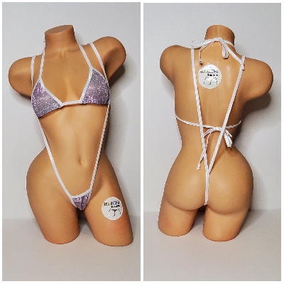 Glittery Silver with White Trim 2 Piece Micro String Bikini Set One Size-6
