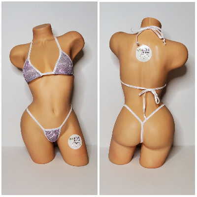 Glittery Silver with White Trim 2 Piece Micro String Bikini Set One Size-7