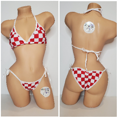 Red & White Big Checker Pattern w You Choice Trim Color  2 Piece Micro String Bikini Set One Size-0