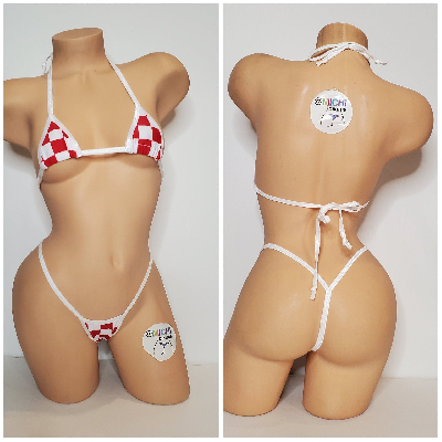 Red & White Big Checker Pattern w You Choice Trim Color  2 Piece Micro String Bikini Set One Size-2