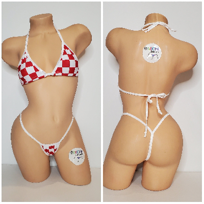 Red & White Big Checker Pattern w You Choice Trim Color  2 Piece Micro String Bikini Set One Size-3