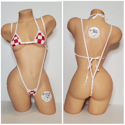Red & White Big Checker Pattern w You Choice Trim Color  2 Piece Micro String Bikini Set One Size-4