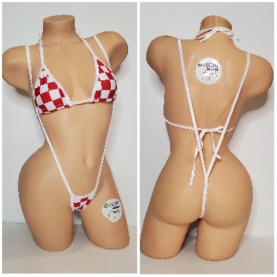 Red & White Big Checker Pattern w You Choice Trim Color  2 Piece Micro String Bikini Set One Size-5