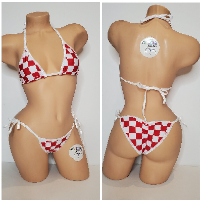 Red & White Big Checker Pattern w You Choice Trim Color  2 Piece Micro String Bikini Set One Size-6