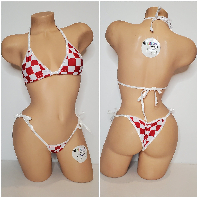 Red & White Big Checker Pattern w You Choice Trim Color  2 Piece Micro String Bikini Set One Size-7