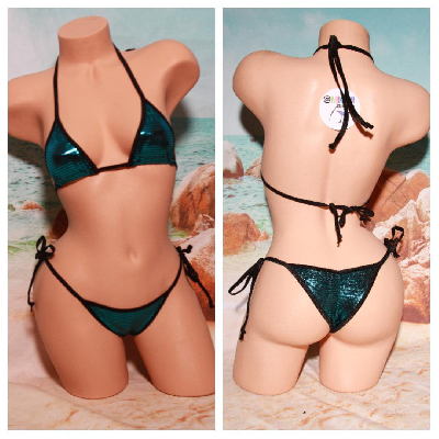 Metallic Teal Blue Geometric Pattern Black Trim 2pc Micro Bikini Set-6