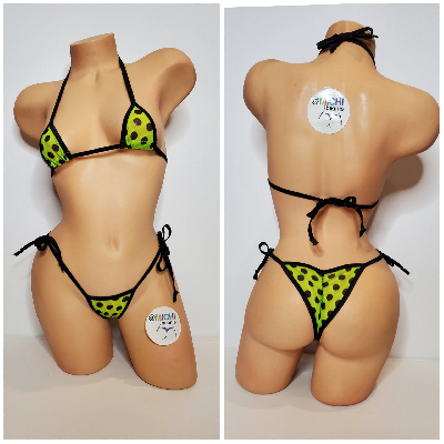 Neon Green Mesh w/ Black Polka Dots Pattern w/ Black Trim ***VERY SHEER***  2 Piece Set 1 Size