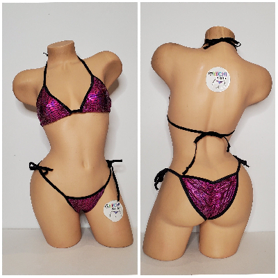 Magenta Snake Skin Pattern w Black Trim  2 Piece Micro String Bikini Set One Size-2