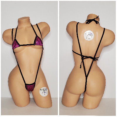 Magenta Snake Skin Pattern w Black Trim  2 Piece Micro String Bikini Set One Size-4