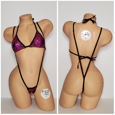Magenta Snake Skin Pattern w Black Trim  2 Piece Micro String Bikini Set One Size-5