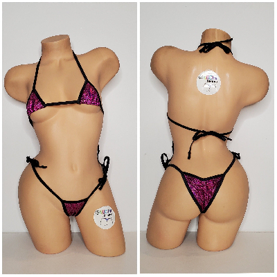 Magenta Snake Skin Pattern w Black Trim  2 Piece Micro String Bikini Set One Size-6