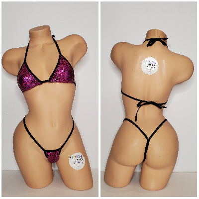 Magenta Snake Skin Pattern w Black Trim  2 Piece Micro String Bikini Set One Size-7