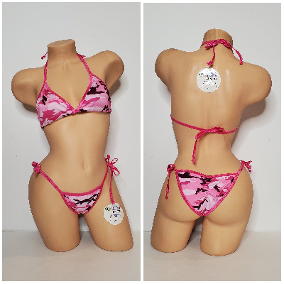 Pink Camouflage with Your Choice Trim Color  2 Piece Micro String Bikini Set One Size-0