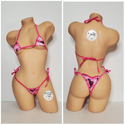 Pink Camouflage with Your Choice Trim Color  2 Piece Micro String Bikini Set One Size-4