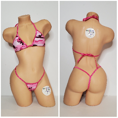 Pink Camouflage with Your Choice Trim Color  2 Piece Micro String Bikini Set One Size-5
