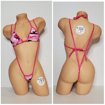 Pink Camouflage with Your Choice Trim Color  2 Piece Micro String Bikini Set One Size-6