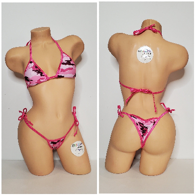 Pink Camouflage with Your Choice Trim Color  2 Piece Micro String Bikini Set One Size-7
