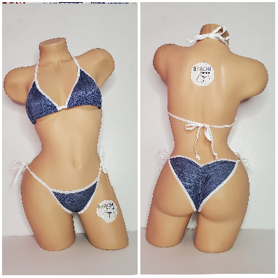 Blue Denim Print w White Trim Color  2 Piece Micro String Bikini Set One Size-0