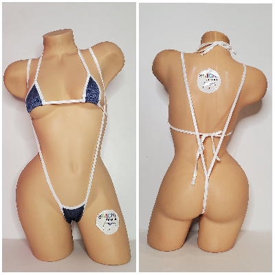 Blue Denim Print w White Trim Color  2 Piece Micro String Bikini Set One Size-2