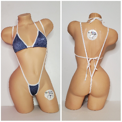 Blue Denim Print w White Trim Color  2 Piece Micro String Bikini Set One Size-3