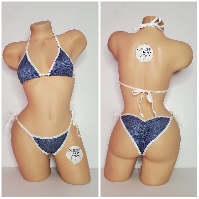 Blue Denim Print w White Trim Color  2 Piece Micro String Bikini Set One Size-4