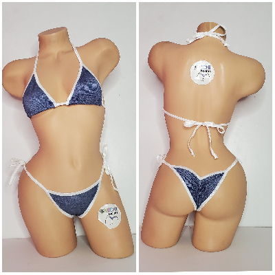 Blue Denim Print w White Trim Color  2 Piece Micro String Bikini Set One Size-5